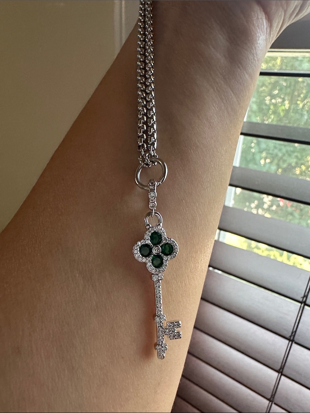 Silver Key Pendant Necklace with Green Gemstones